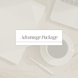 Text that reads, "Advantage Package" over a coffee mug and laptop.