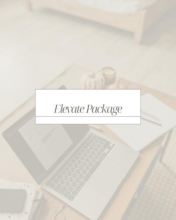 Text that says, "Elevate Package" over a photo of a laptop.
