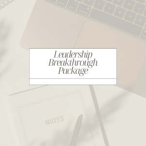 Text that says, "Leadership Breakthrough Package" over a picture of a laptop and notepad.