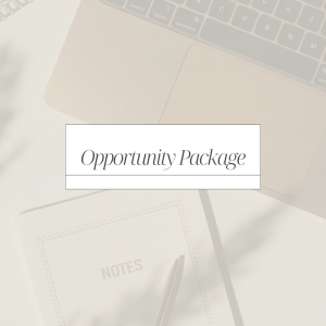 Text that says, "Opportunity Package" over a photo of a laptop and notepad.