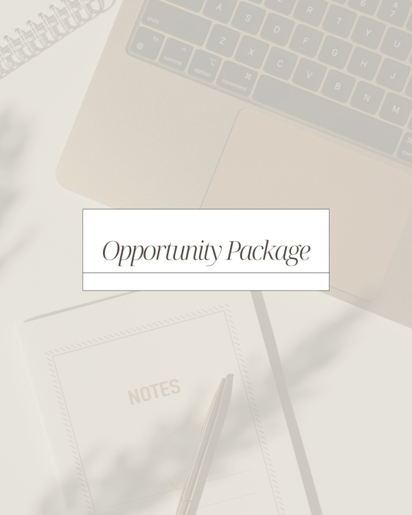 Text that says, "Opportunity Package" over a photo of a laptop and notepad.