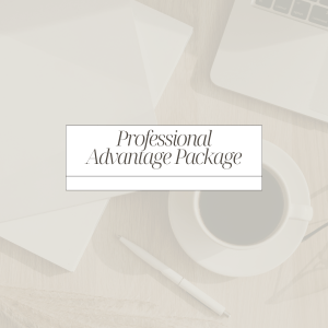 Text that says, "Professional Advantage Package" over a coffee cup and laptop.