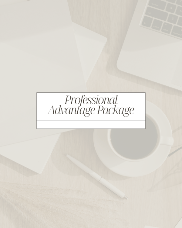 Text that says, "Professional Advantage Package" over a coffee cup and laptop.